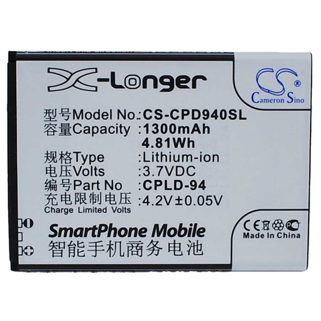 Batterie smartphone Cameron Sino X-Longer 1300mAh 3,7V, vue de l'étiquette supérieure