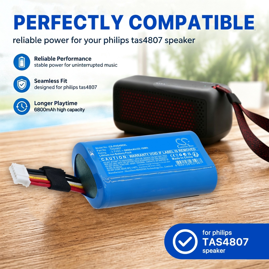 Batteries compatible avec Philips S4807 Waterproof Wireless Bluetooth Speaker CS-PHS480XL