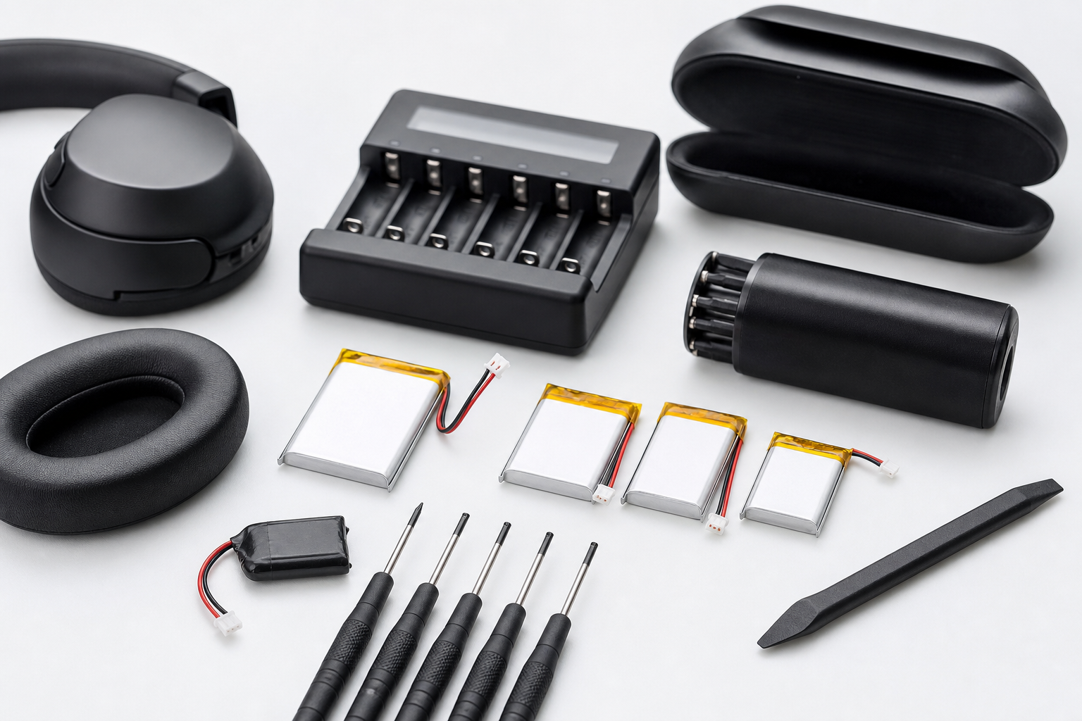 The title translates to French as: "Comment améliorer l'autonomie de vos écouteurs avec de nouvelles batteries"